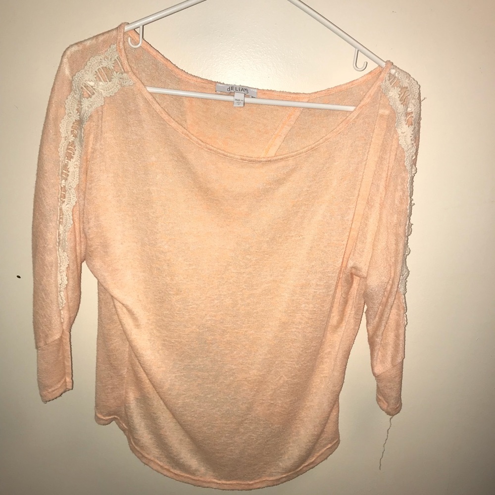 Orange Cropped 3/4 Sleeve with Lace Cut-Outs